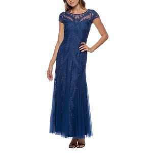 Marina Illusion Boat Neck Cap Sleeve Zipper Back Embellished mesh Gown Navy / 4